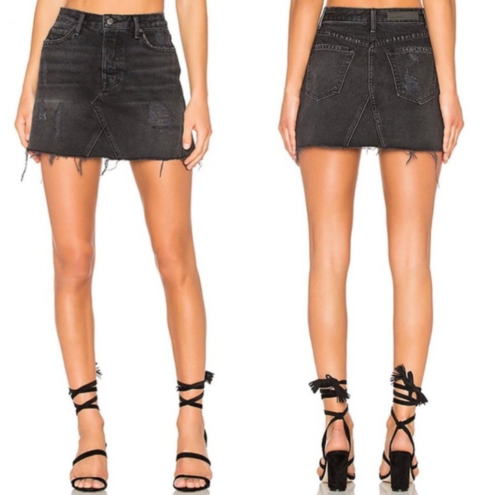 New GRLFRND Eva 100% cotton distressed high rise button fly denim jean miniskirt